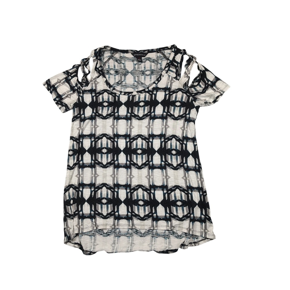 Rock & Republic Top Womens Small White Black Cold Shoulder Geometric Rayon Knit